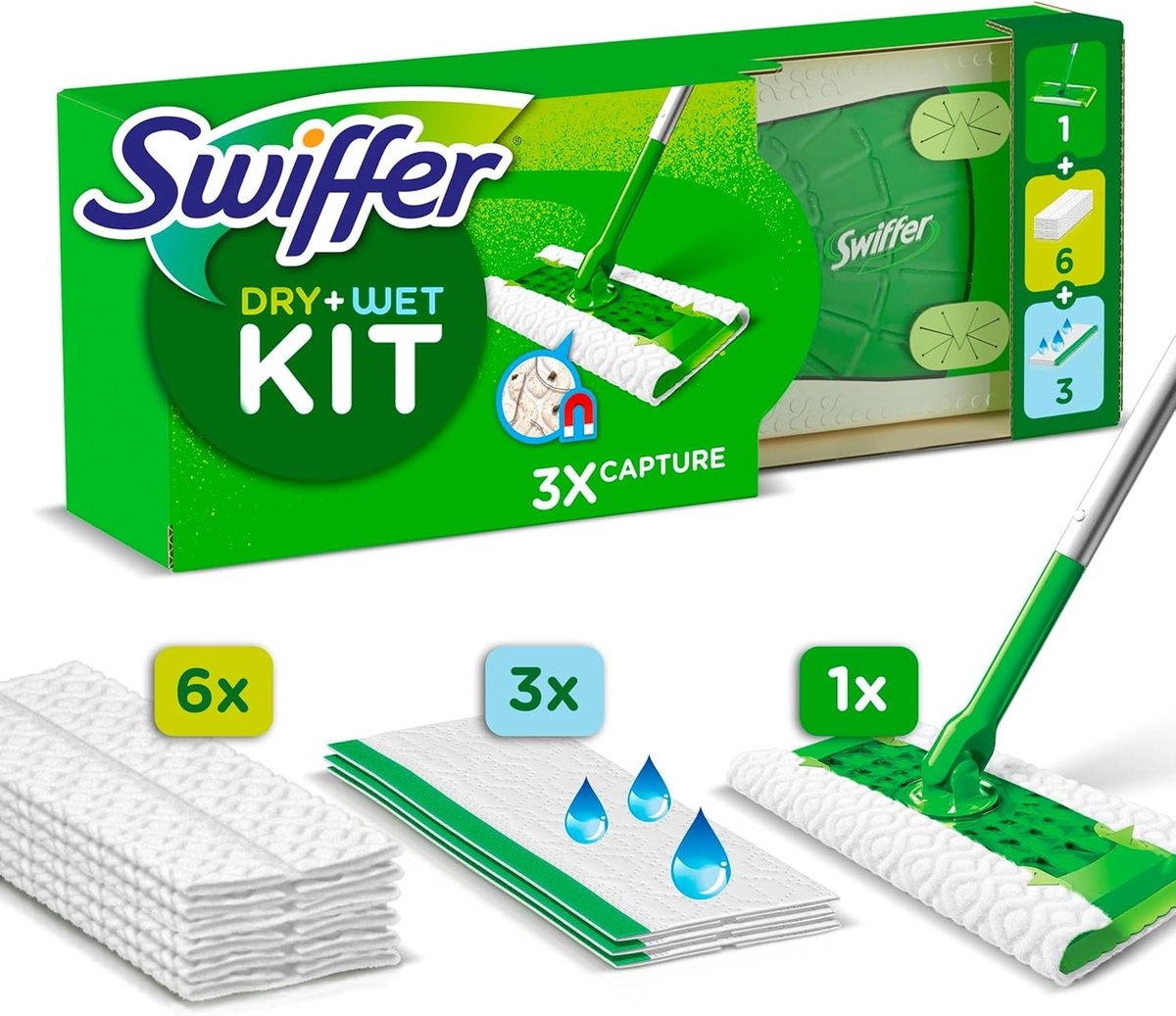 SWIFFER SWEEPER DRY WET STARTERKIT HOUDER 6DROGE 3VOCHTIGE DOEKJES